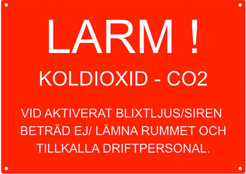 Larmskylt CO2 röd, vit text mått 200x110x1 mm ALU-50644